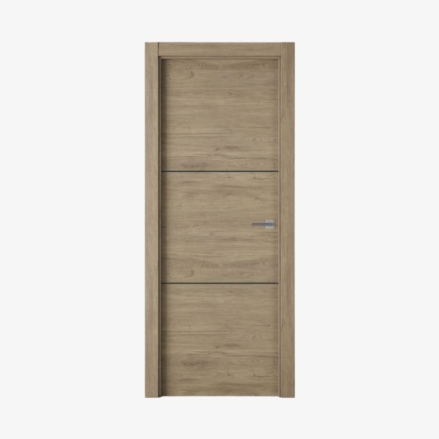 puerta laminada x2002 roble urban greca negra instalada en un dormitorio de estilo moderno