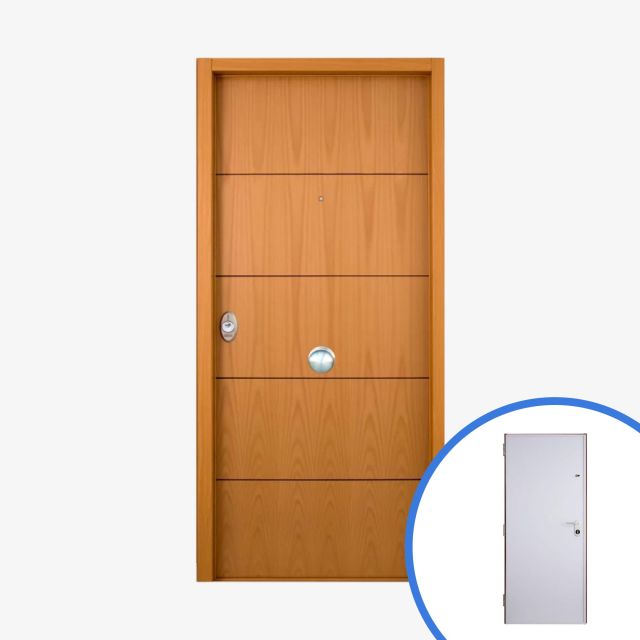 Puerta acorazada Serie V Lucerna con diseño horizontal en madera clara y visor integrado, ideal para pisos y viviendas seguras