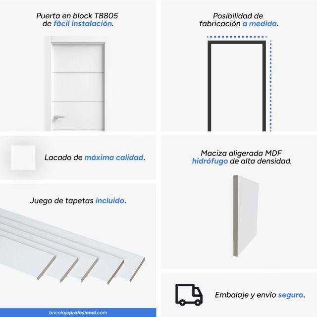 Características principales de una puerta lacada blanca en block maciza mod TB805