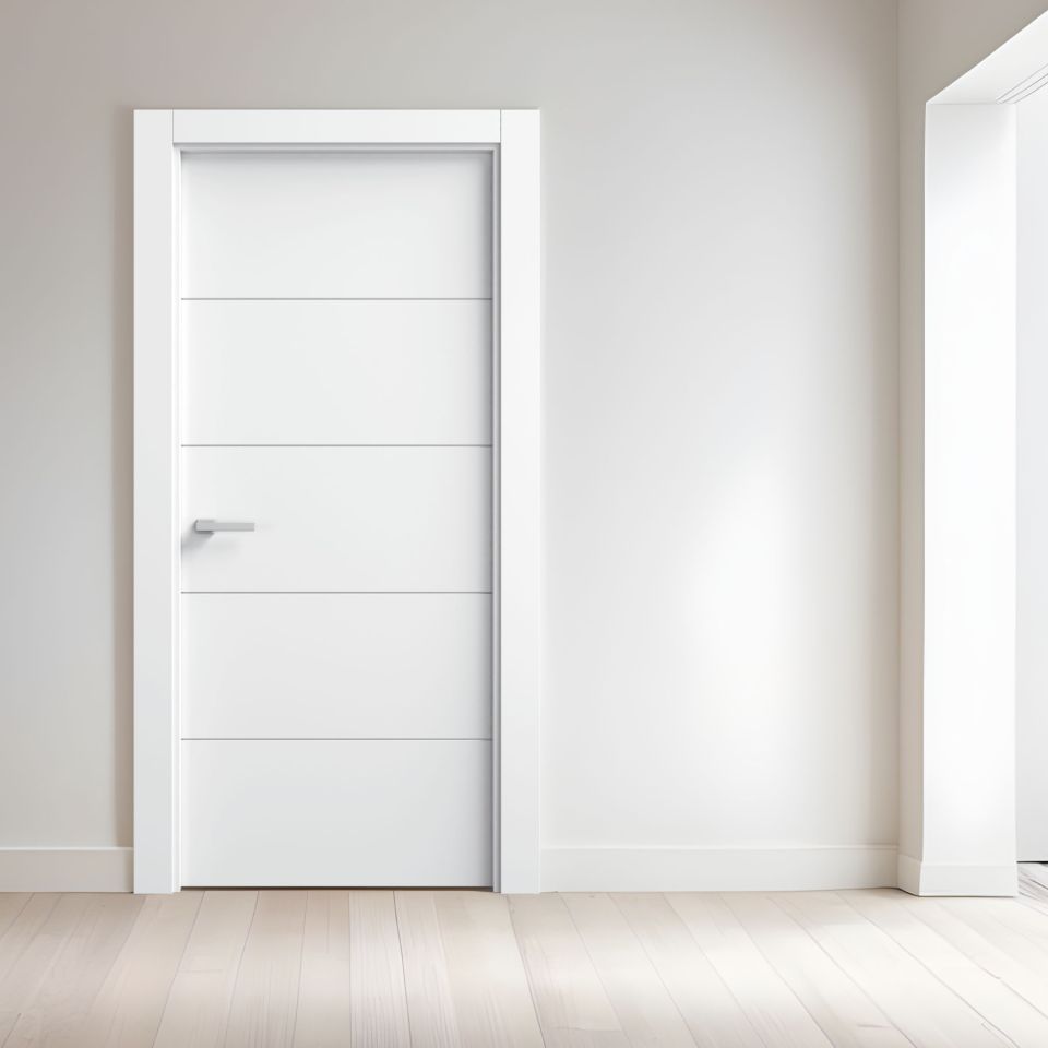 Puerta lacada blanca en block maciza mod TB805 instalada en una habitación blanca