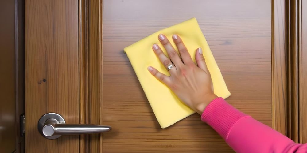 mano de mujer limpiando una puerta de madera