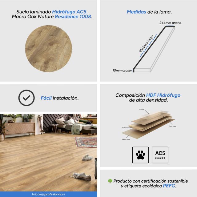 Características Suelo Laminado Hidrófugo AC5 10mm Residence Macro Oak Nature 1008