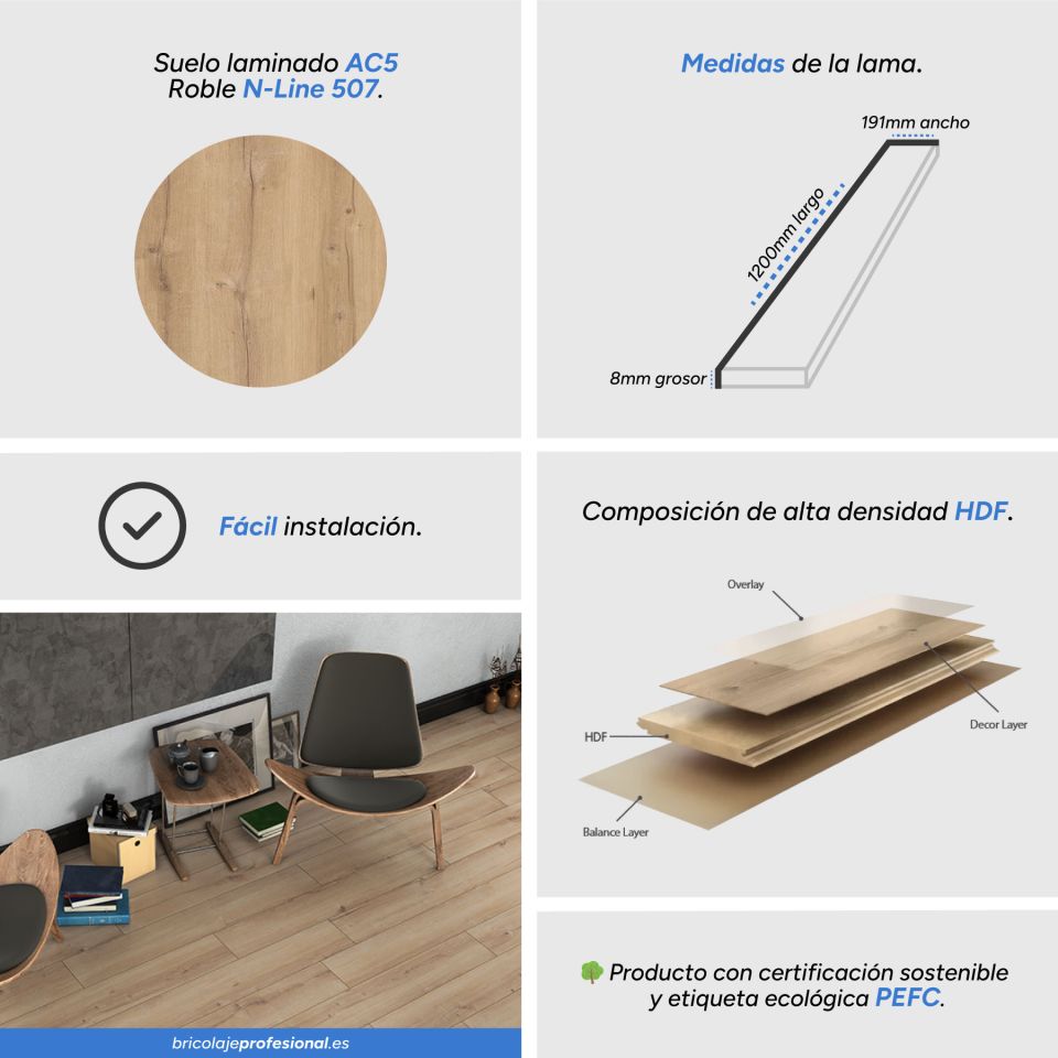 Características Suelo Laminado AC5 N-Line Roble 507