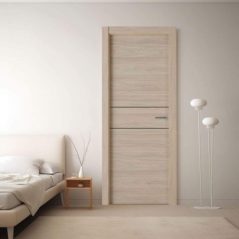 Puerta laminada X2001 en acabado Roble Estrío con greca negra instalada en un dormitorio moderno.