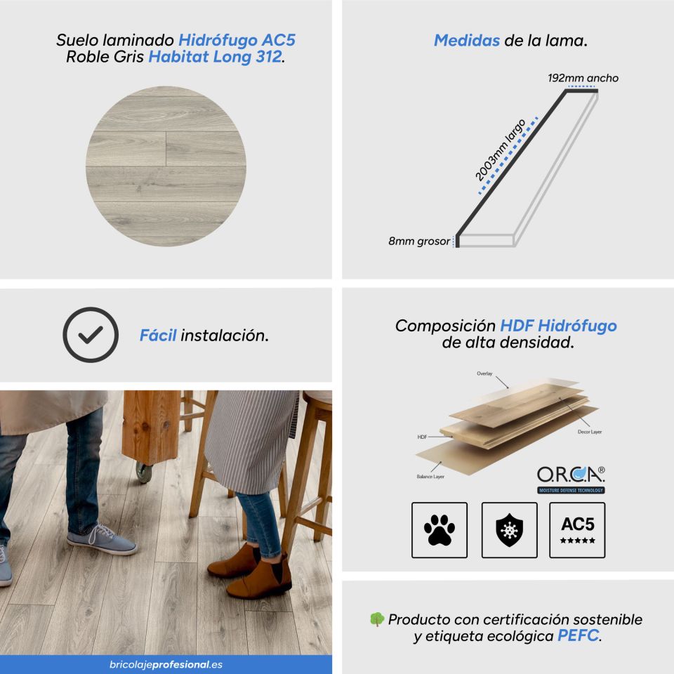 Características Suelo Laminado Hidrófugo AC5 8mm Hàbitat Long Roble gris 312