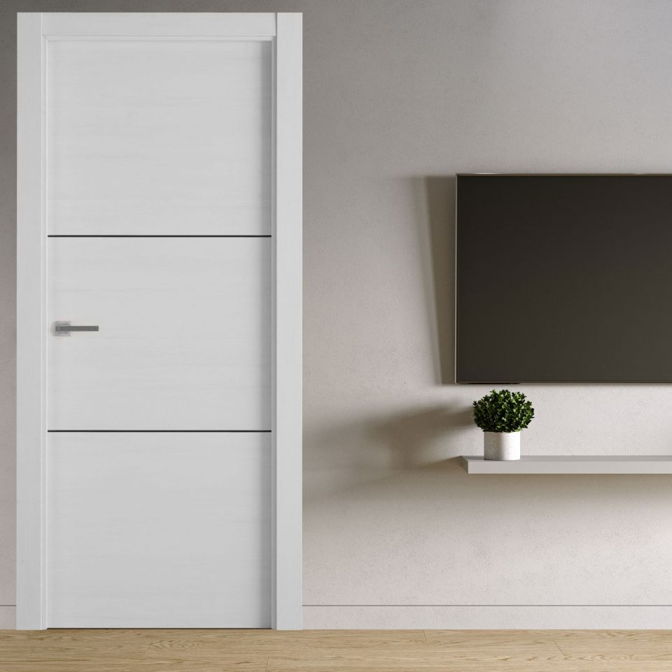 puerta laminada x2002 talcum greca negra instalada en salón moderno con pared neutra y mueble minimalista