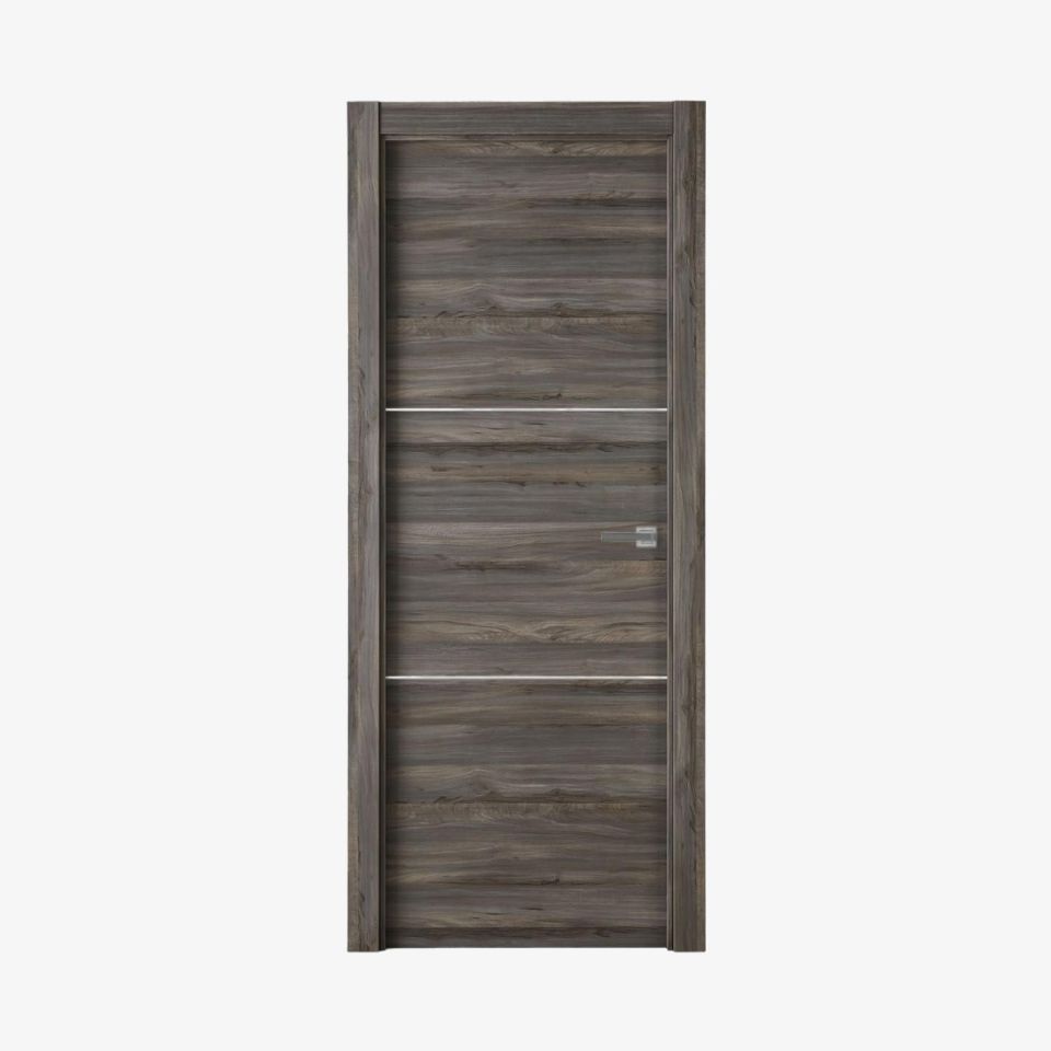 Puerta laminada X2002 Vulcano Greca Blanca en vista frontal, diseño en tonos gris vulcano con líneas horizontales y greca blanca.
