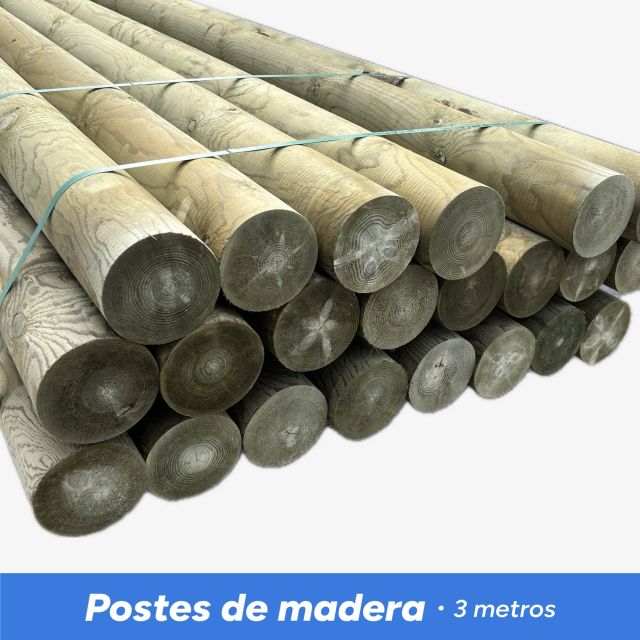 Postes de madera 3 metros redondos apilados, ideales para vallados, agricultura o construcción exterior.