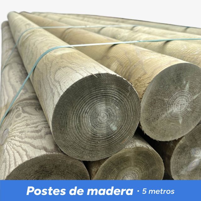 Lote de postes de madera de 5 metros de largo tratada, apilados para cercados y estructuras rurales