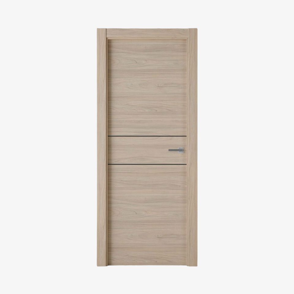 Puerta laminada Perciber modelo X2001 en acabado Roble Estrío con greca negra sobre fondo blanco.