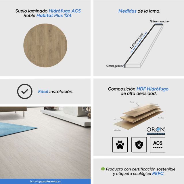 Características Suelo Laminado Hidrófugo AC5 12mm Hábitat Plus Roble 124