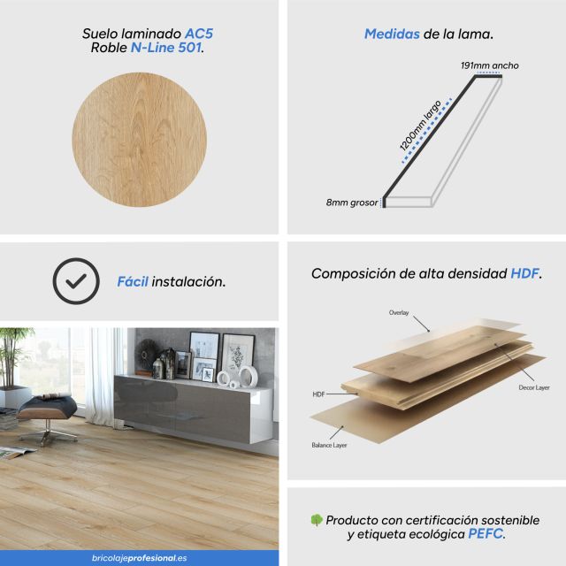 Características del Suelo Laminado AC5 N-Line Roble 501