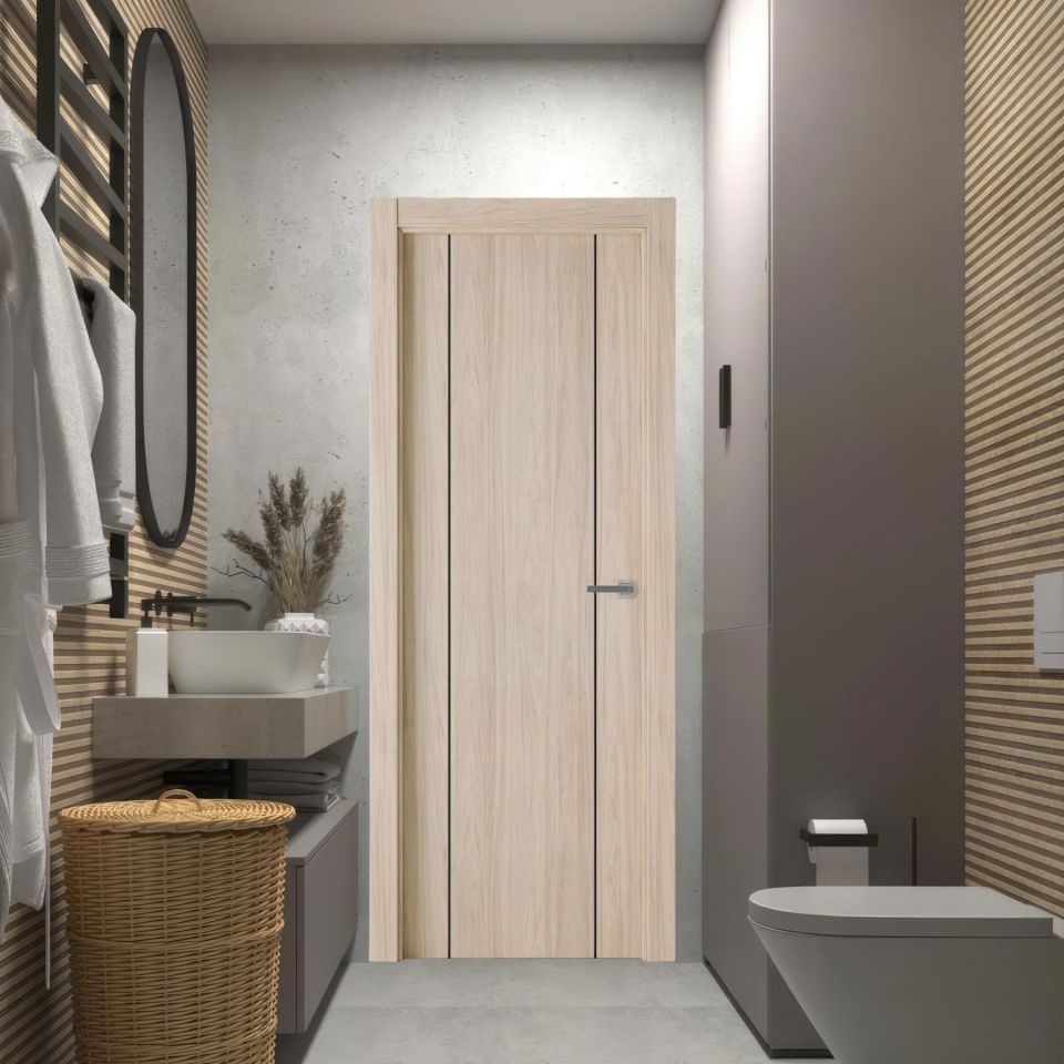 puerta laminada roble arena g1006 con greca negra instalada en baño de estilo moderno