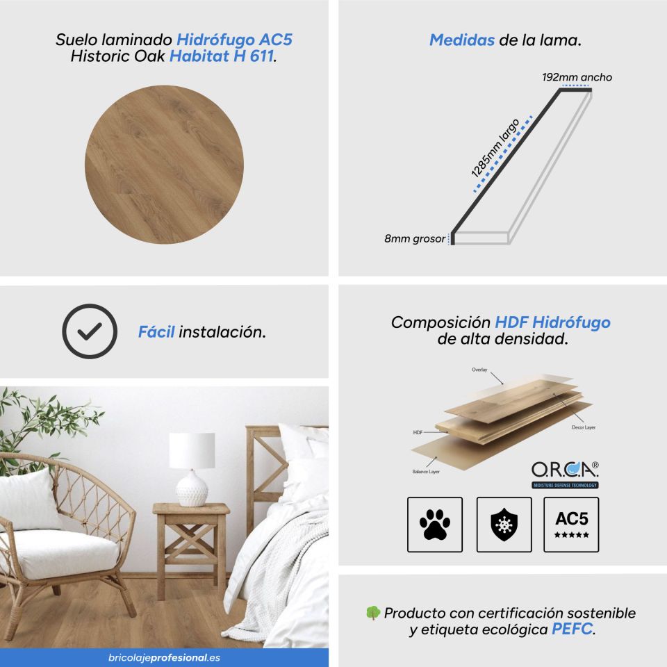 Características Suelo Laminado Hidrófugo AC5 8mm Hábitat Historic Oak H 611