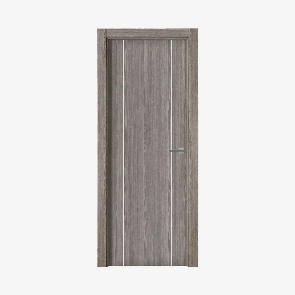 Puerta laminada G1006 Zenic Greca Blanca Perciber en vista frontal con acabado gris Zenic y dos grecas verticales blancas decorativas