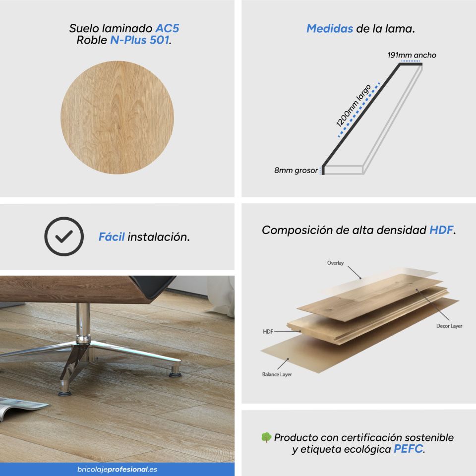 Características del Suelo Laminado AC5 N-Plus Roble 501