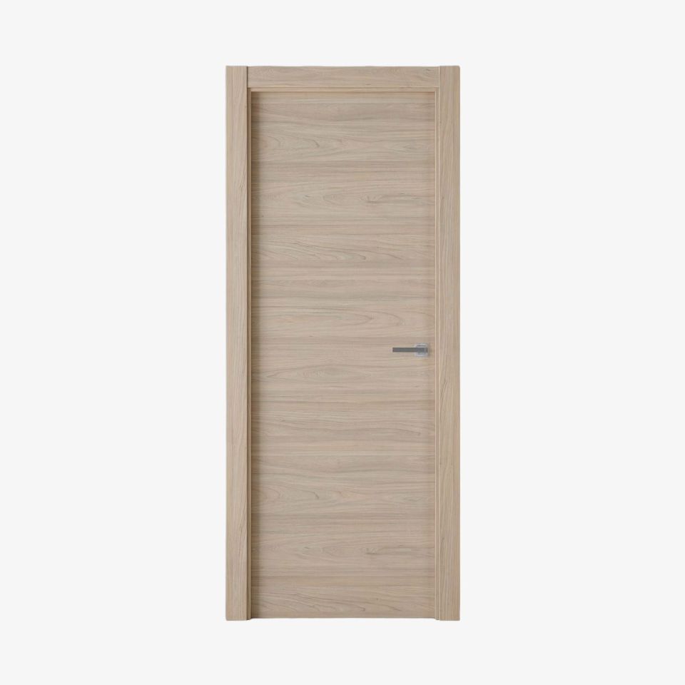 Puerta laminada X1000 Roble Estrío vista frontal sobre fondo blanco, diseño Perciber.