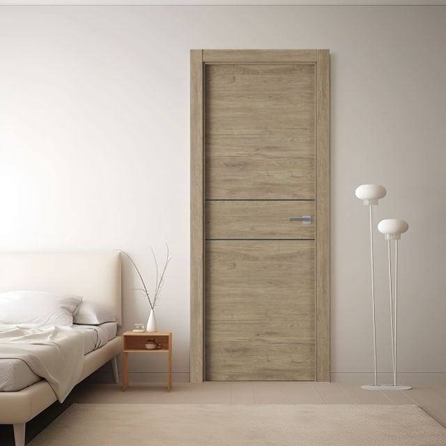 puerta laminada x2001 roble urban greca negra instalada en dormitorio moderno