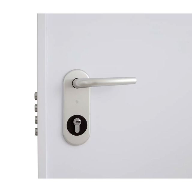 Detalle de cerradura y manilla en acabado acero inoxidable de puerta de seguridad acorazada blanca con sistema de cierre multipunto