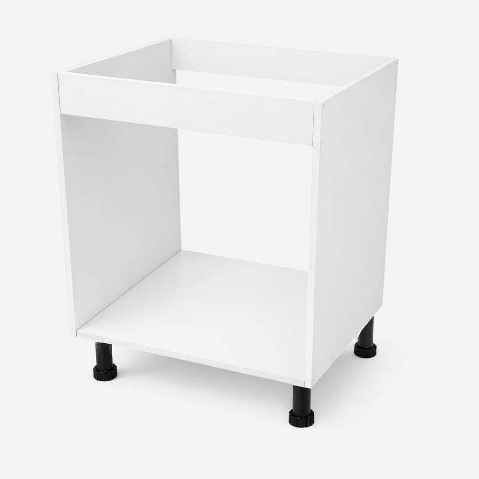 Mueble fregadero de cocina blanco de 70cm, módulo bajo sin puertas, con estructura abierta, tablero superior preparado para fregadero y patas negras regulables sobre fondo blanco