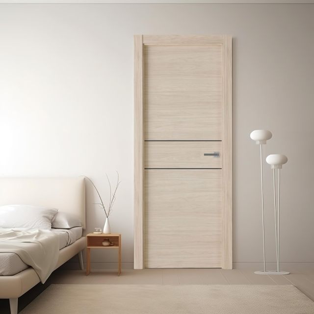 Puerta laminada X2001 en Roble Arena con greca negra instalada en dormitorio moderno, ambiente cálido y minimalista.
