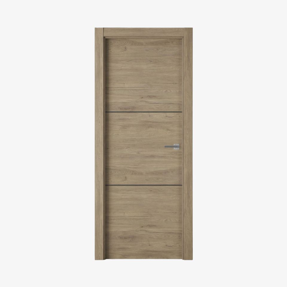 puerta laminada x2002 roble urban greca negra instalada en un dormitorio de estilo moderno