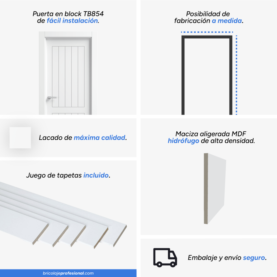 Características principales de la puerta blanca rústica en block maciza mod. TB854