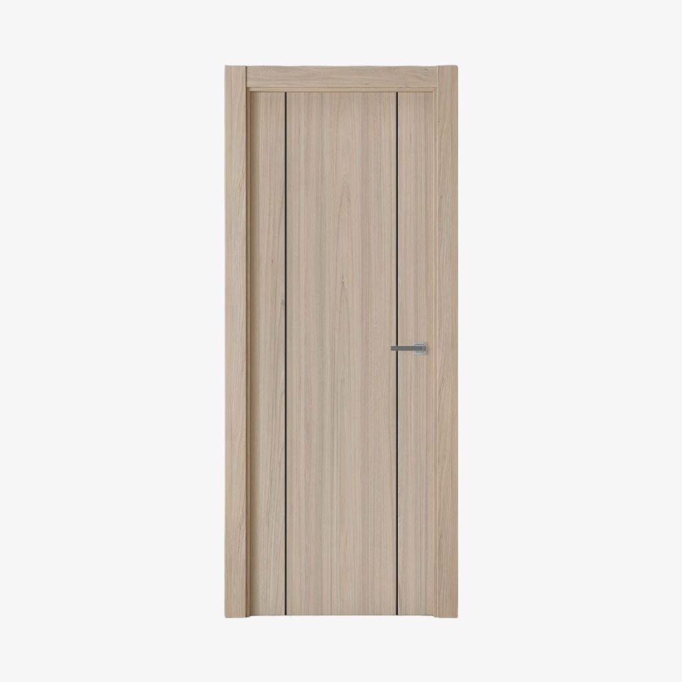 puerta laminada G1006 roble estrío con greca negra de perciber en fondo blanco