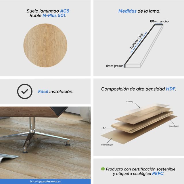 Características del Suelo Laminado AC5 N-Plus Roble 501