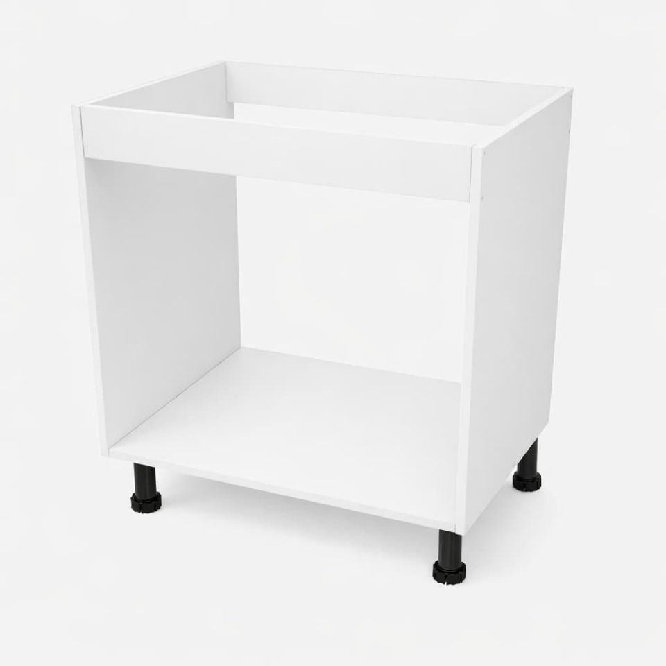 Mueble fregadero de cocina blanco de 80cm, módulo bajo sin puertas, con estructura abierta, tablero superior preparado para fregadero y patas negras regulables sobre fondo blanco