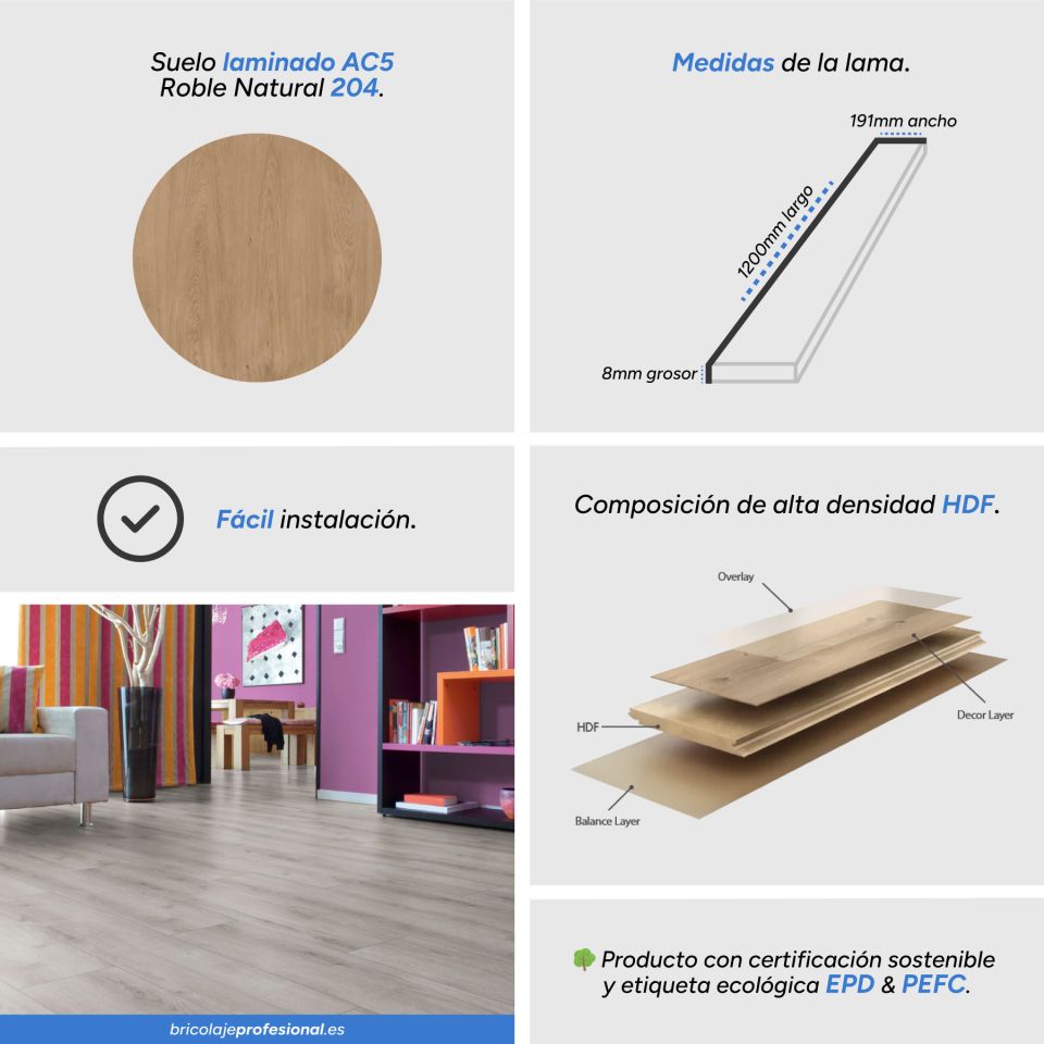 Características del Suelo Laminado AC5 N-Line Roble natural 204