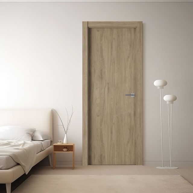 puerta laminada g1000 roble urban instalada en un dormitorio de estilo moderno