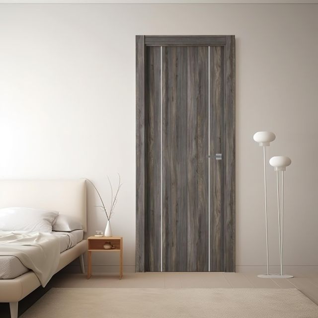 Puerta laminada G1006 Vulcano Greca Blanca Perciber instalada en dormitorio moderno