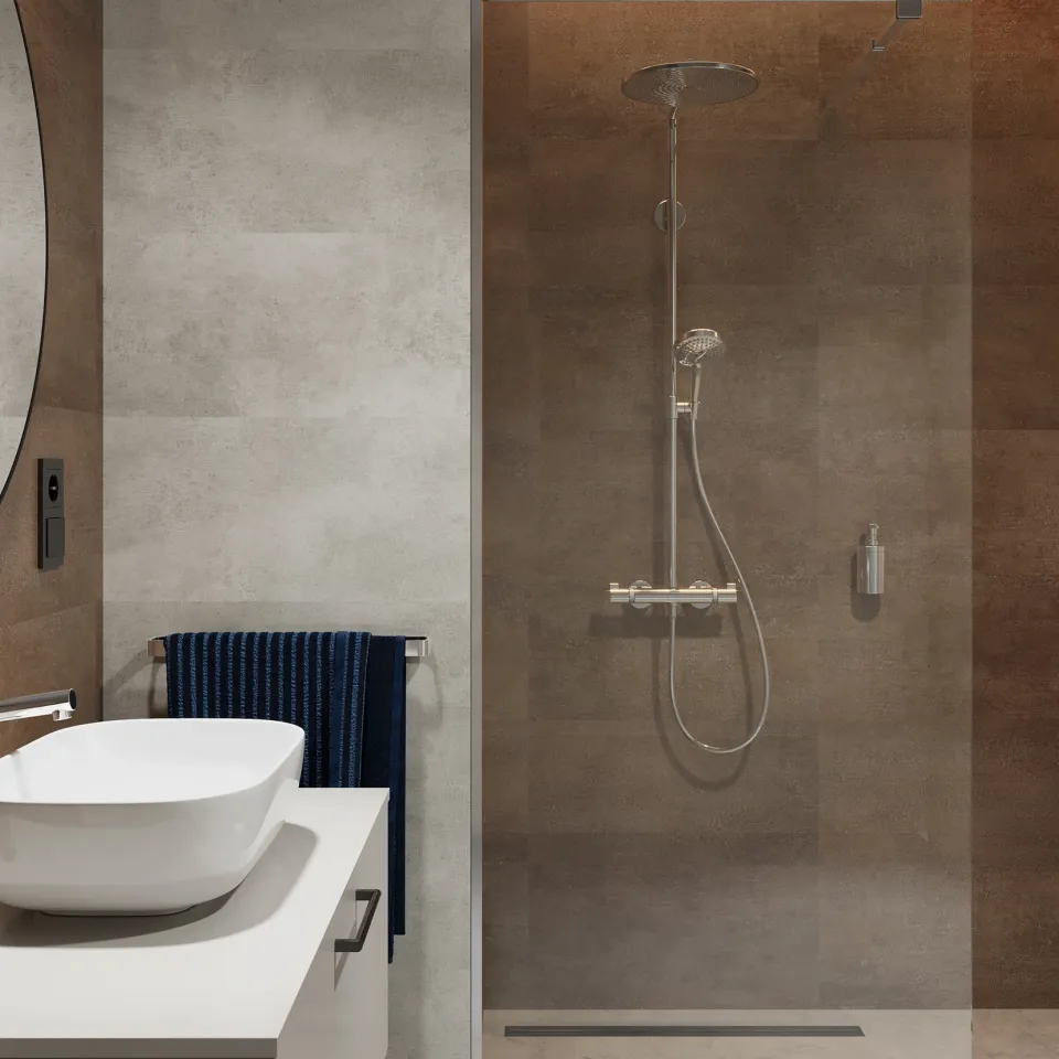 características del revestimiento pared spc concrete rusty instalado en un baño