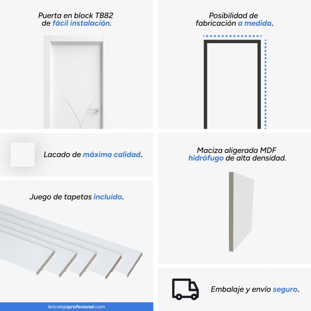 Características principales de la puerta lacada blanca en block maciza mod TB82