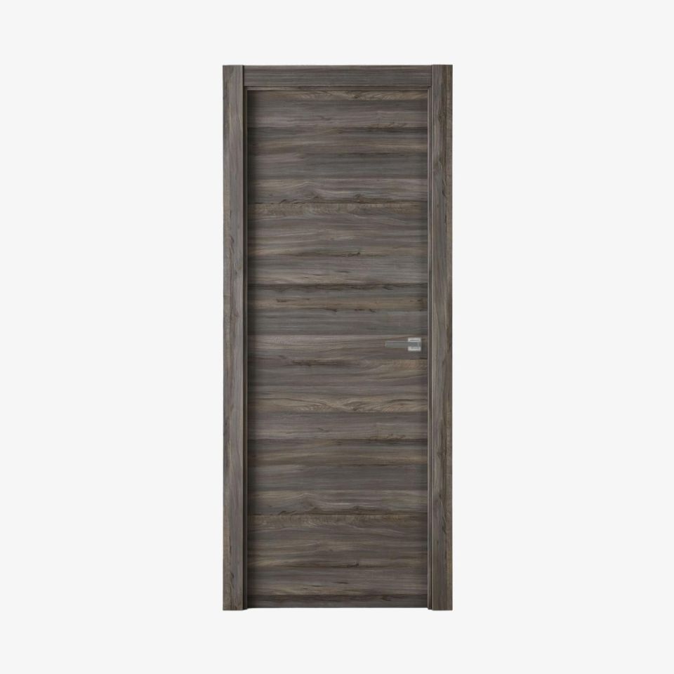 Puerta laminada modelo X1000 color Vulcano de Perciber, acabado en veta gris oscura.