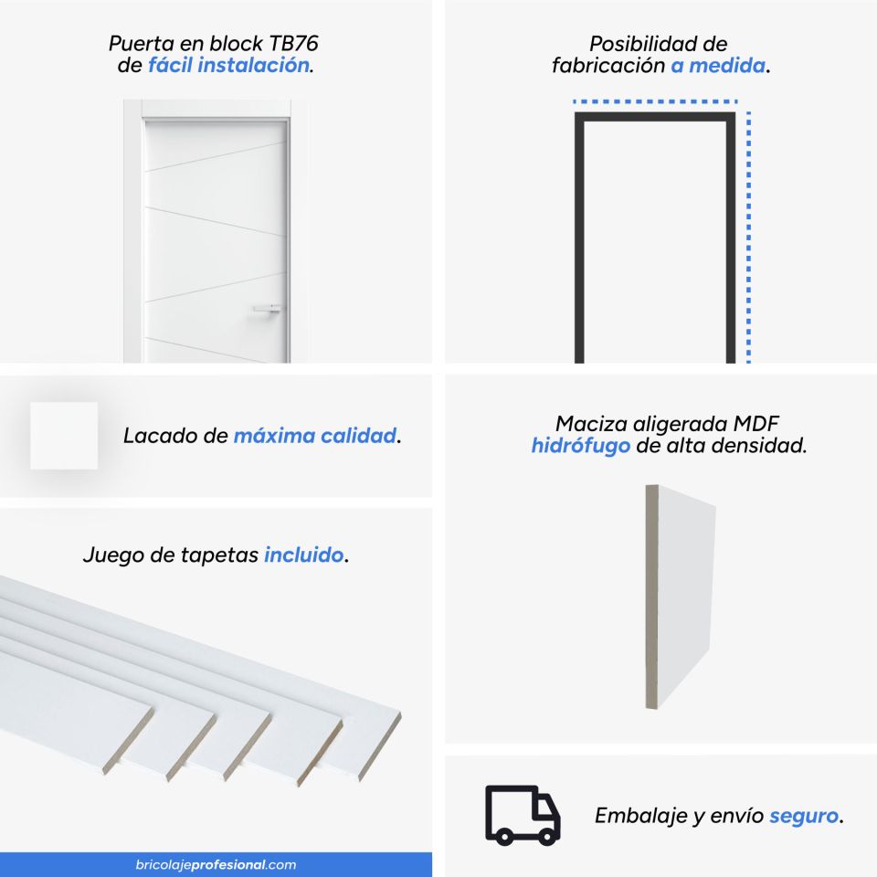 Características principales de una puerta lacada blanca en block maciza mod TB76