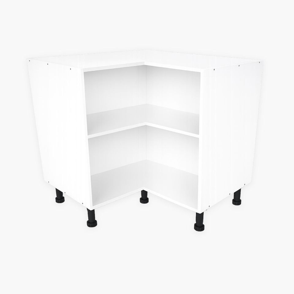 Mueble de cocina rinconera en L blanco con estantes interiores y patas regulables