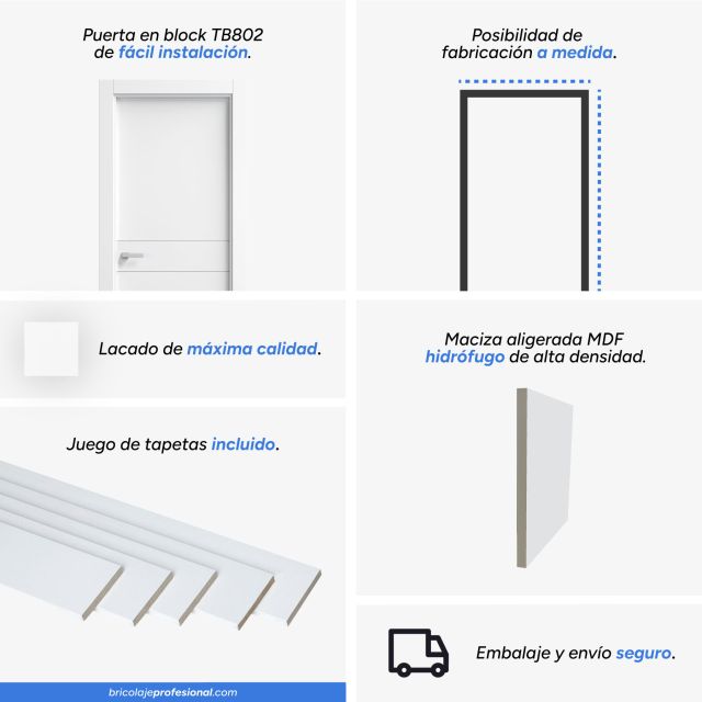Características principales de la puerta lacada blanca 2 rayas horizontales en block maciza mod. TB802