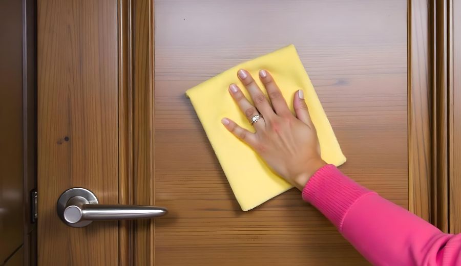 mano de mujer limpiando una puerta de madera