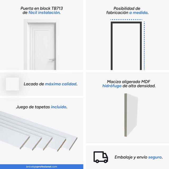 Características principales de la puerta lacada blanca en block maciza mod. TB713 instalada en una habitacion moderna