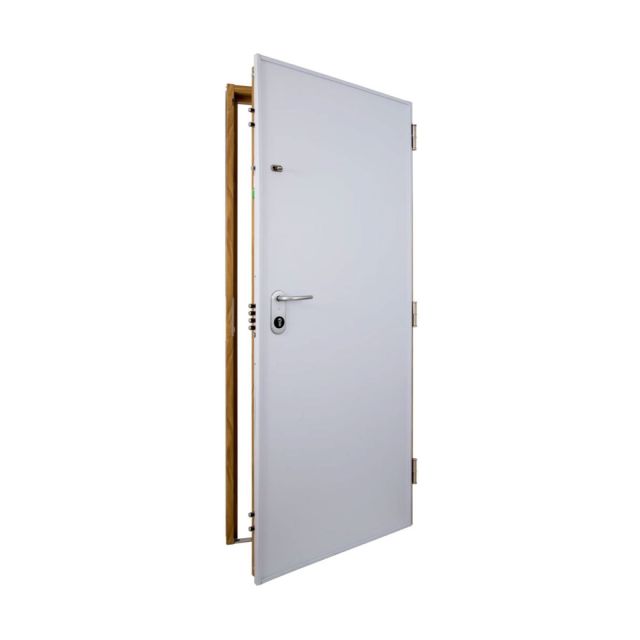 Vista de la parte interior de una puerta acorazada blanca, mostrando bisagras, cerradura y marco de seguridad