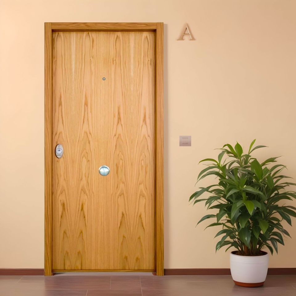 Una puerta acorazada color roble y una planta en una maceta