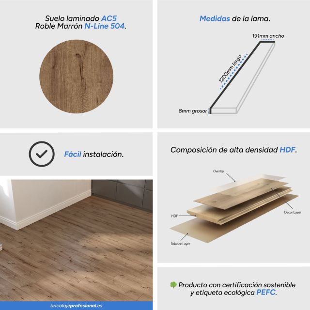 Características Suelo Laminado AC5 N-Line Roble marrón 504