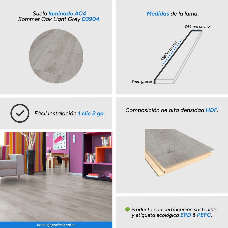 Características suelo laminado roble Sommer Roble gris D3904