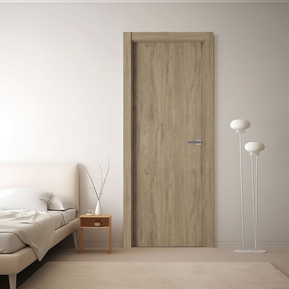 puerta laminada g1000 roble urban instalada en un dormitorio de estilo moderno