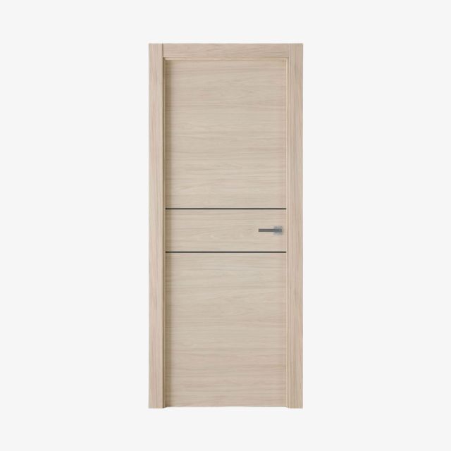 Puerta Laminada Modelo X2001 En Acabado Roble Arena Con Greca Negra, Marca Perciber, Vista Frontal Sobre Fondo Blanco.