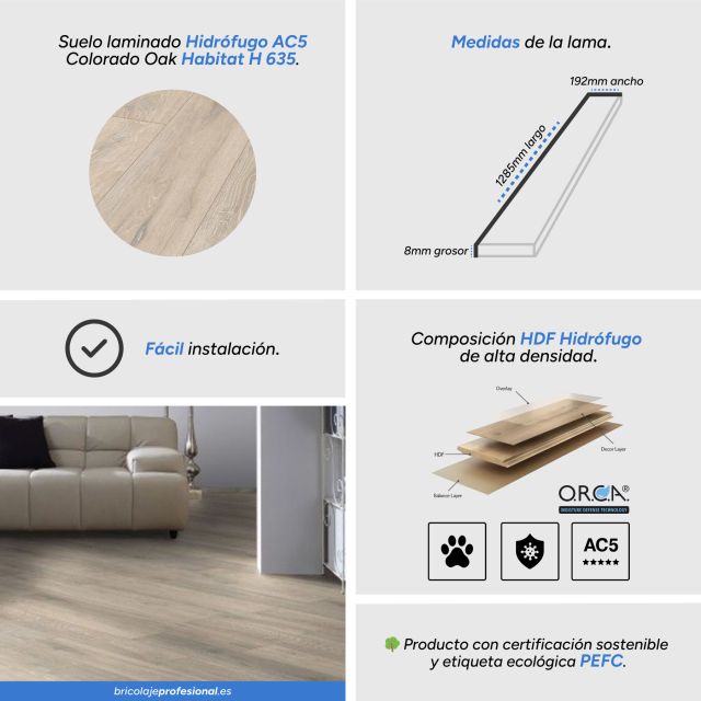 Caracteristicas Suelo Laminado Hidrófugo AC5 8mm Hábitat Colorado Oak H 635