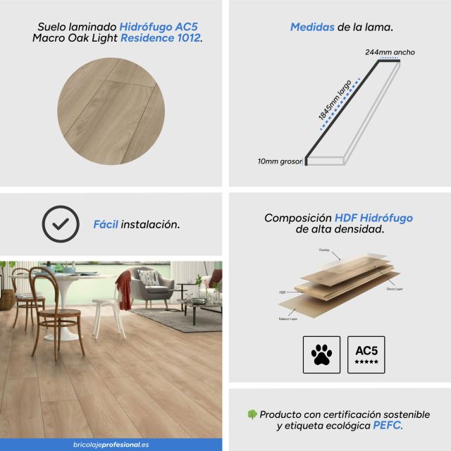 Características Suelo Laminado Hidrófugo AC5 10mm Residence Macro Oak Light 1012