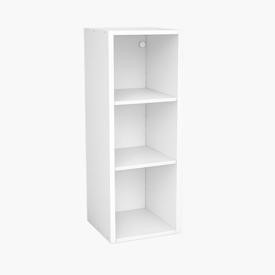 Mueble de cocina alto blanco 90x35x33cm con diseño vertical, acabado liso en color blanco, tres compartimentos abiertos con estantes interiores y orificio trasero para paso de cables, presentado sobre fondo blanco para uso en cocina modular